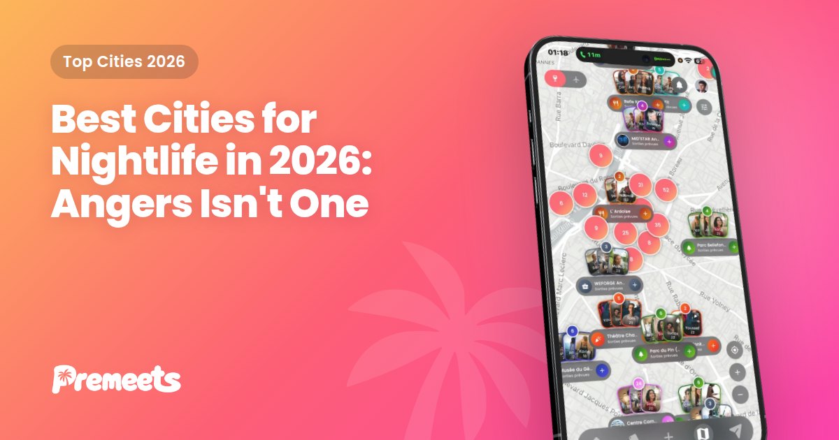Premeets cover image on a blue gradient background with the article title about the best cities for nightlife in 2026 and the Premeets app displayed on a smartphone.