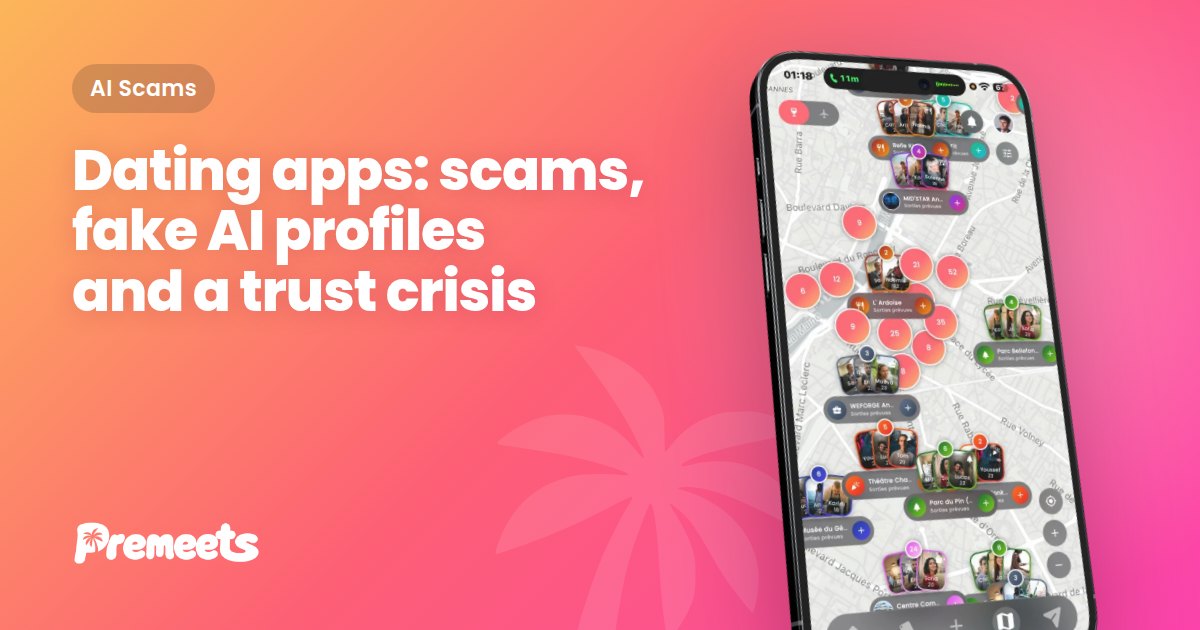 Premeets cover illustration with the title "Dating apps: scams, fake AI profiles and a trust crisis" displayed on the Premeets brand gradient, with the app shown on a smartphone in the foreground.