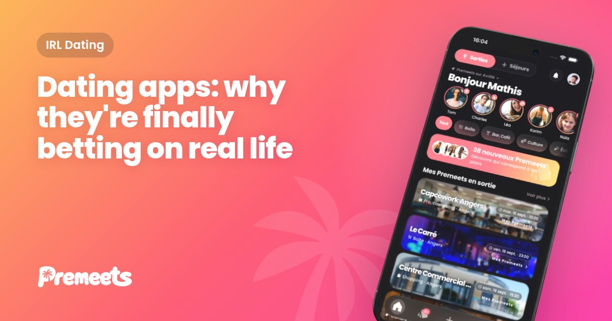 Premeets cover illustration on a purple gradient background, showing the article title about dating apps and a smartphone displaying the Premeets app with a matching card built around a place and a time.