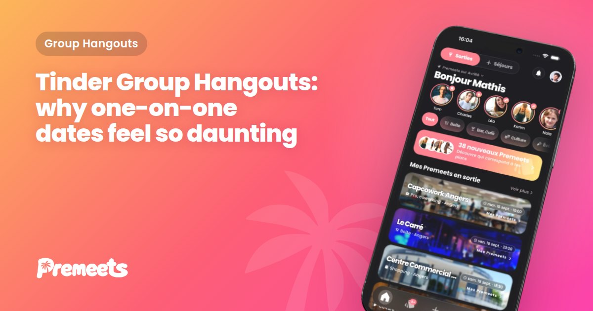 Phone displaying the Premeets app on a purple Premeets gradient background, with the article title about Tinder and group hangouts.