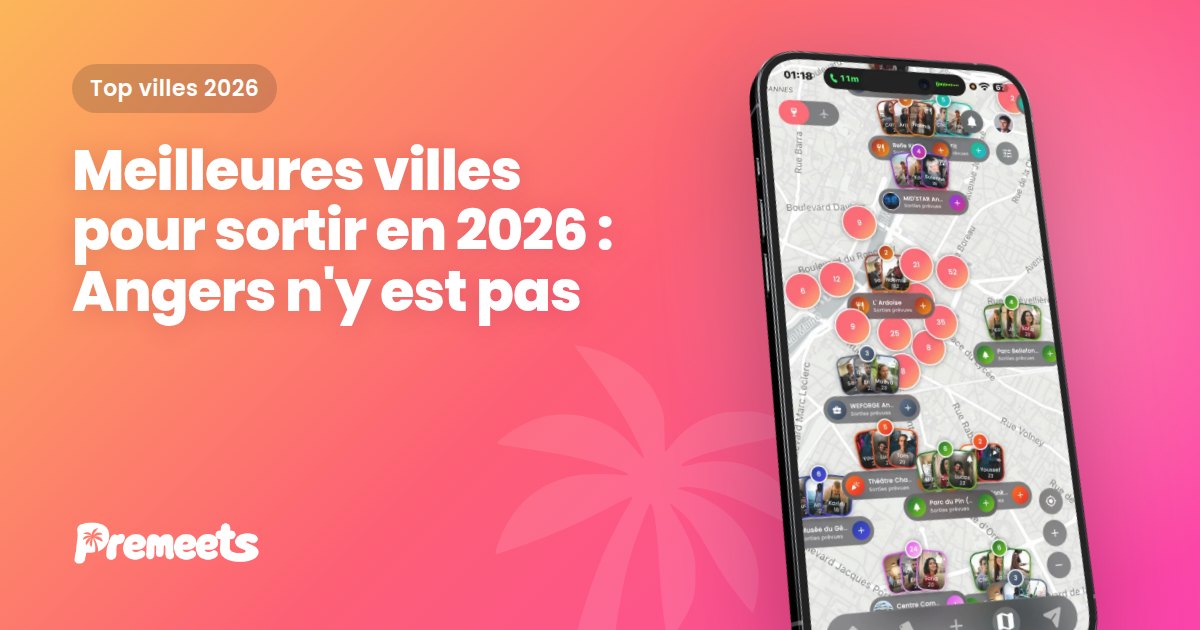 Image de couverture Premeets sur fond dégradé bleu avec le titre de l'article sur les meilleures villes pour sortir en 2026 et l'application Premeets affichée sur un smartphone.