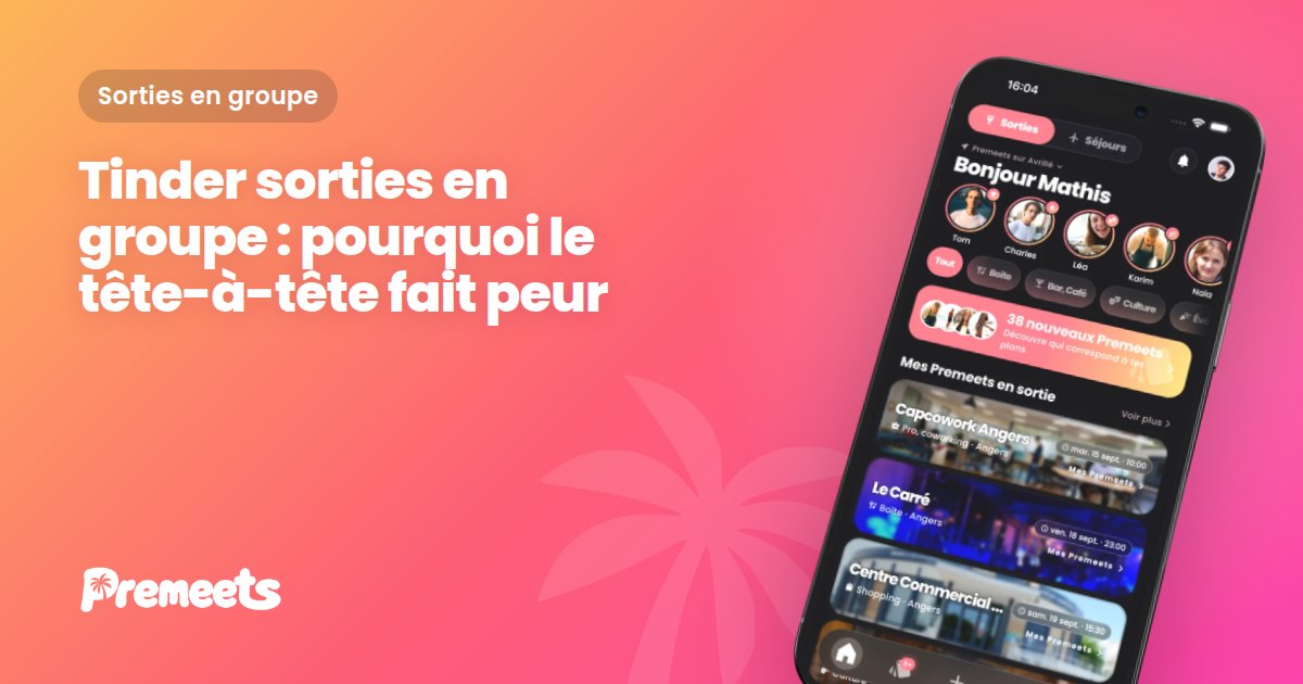 Téléphone affichant l'application Premeets sur un dégradé violet Premeets, avec le titre de l'article sur Tinder et les sorties en groupe.